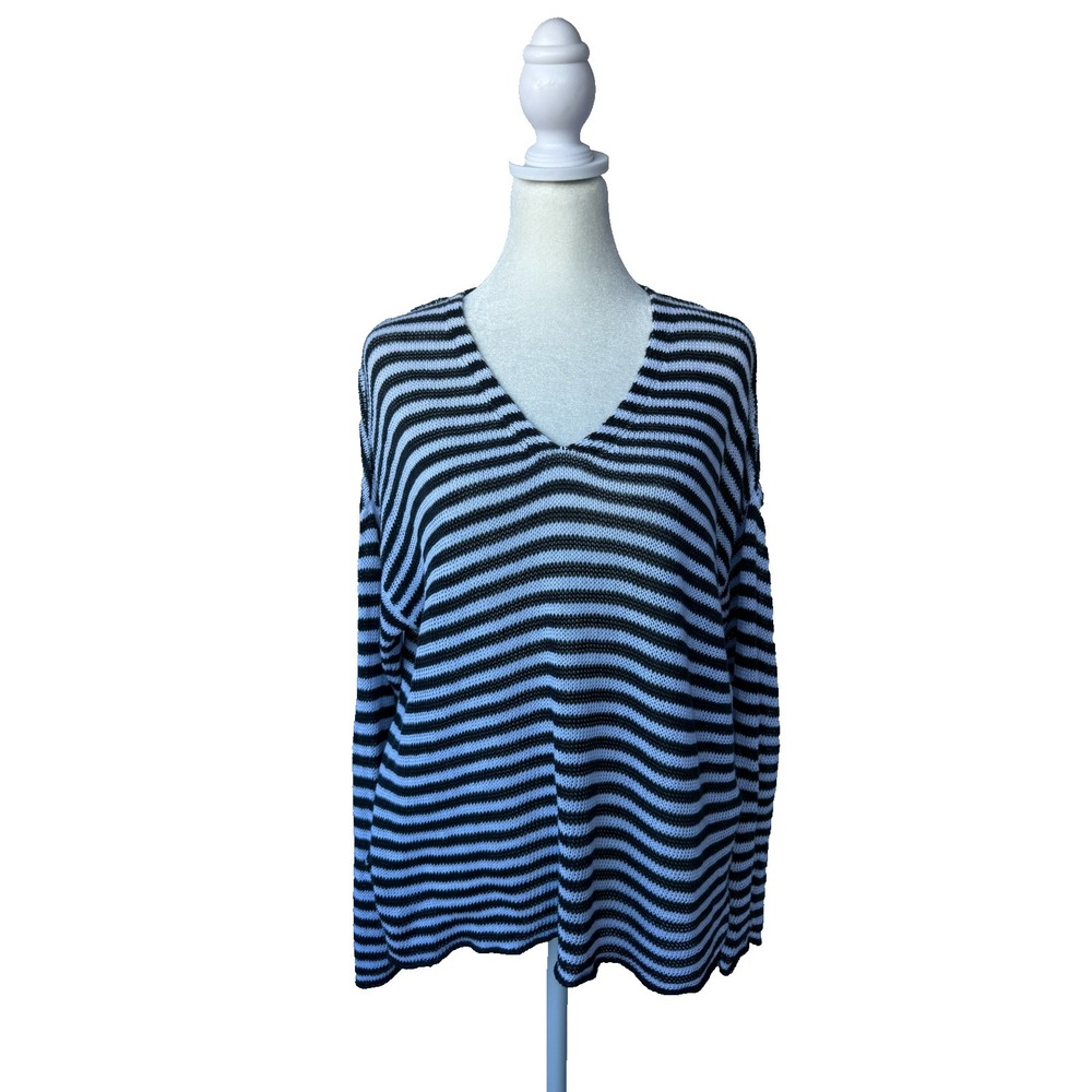 Eileen Fisher Organic Linen Striped Sweater Womens‎ Sz L Gray White V Neck Knit